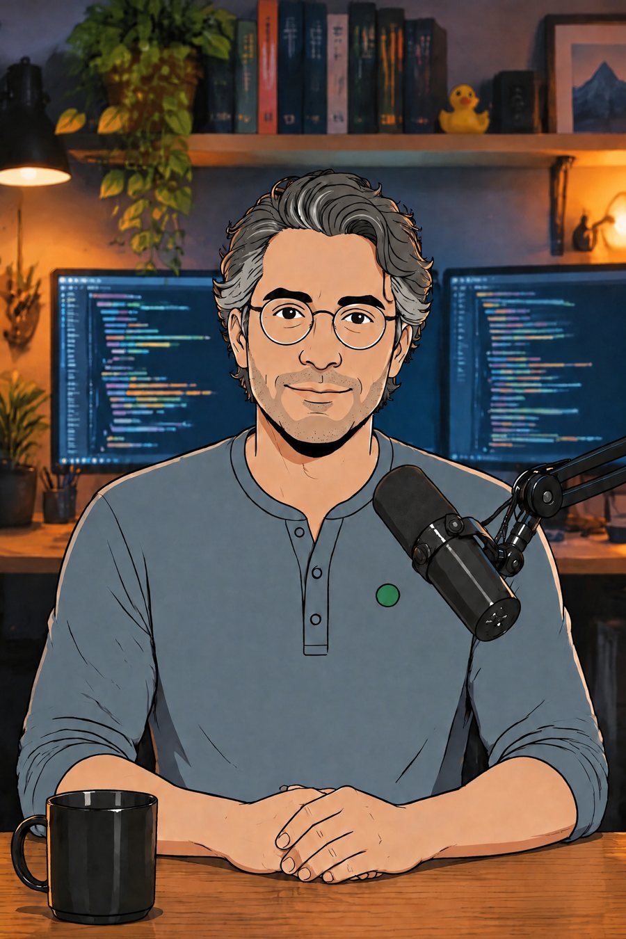 Sid, drawn, seated in his home office with two monitors behind him